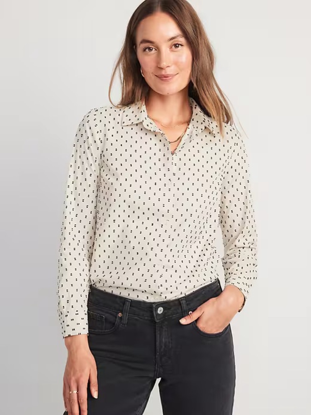 Old Navy Cream Button-Up Shirt with Black Dot Print